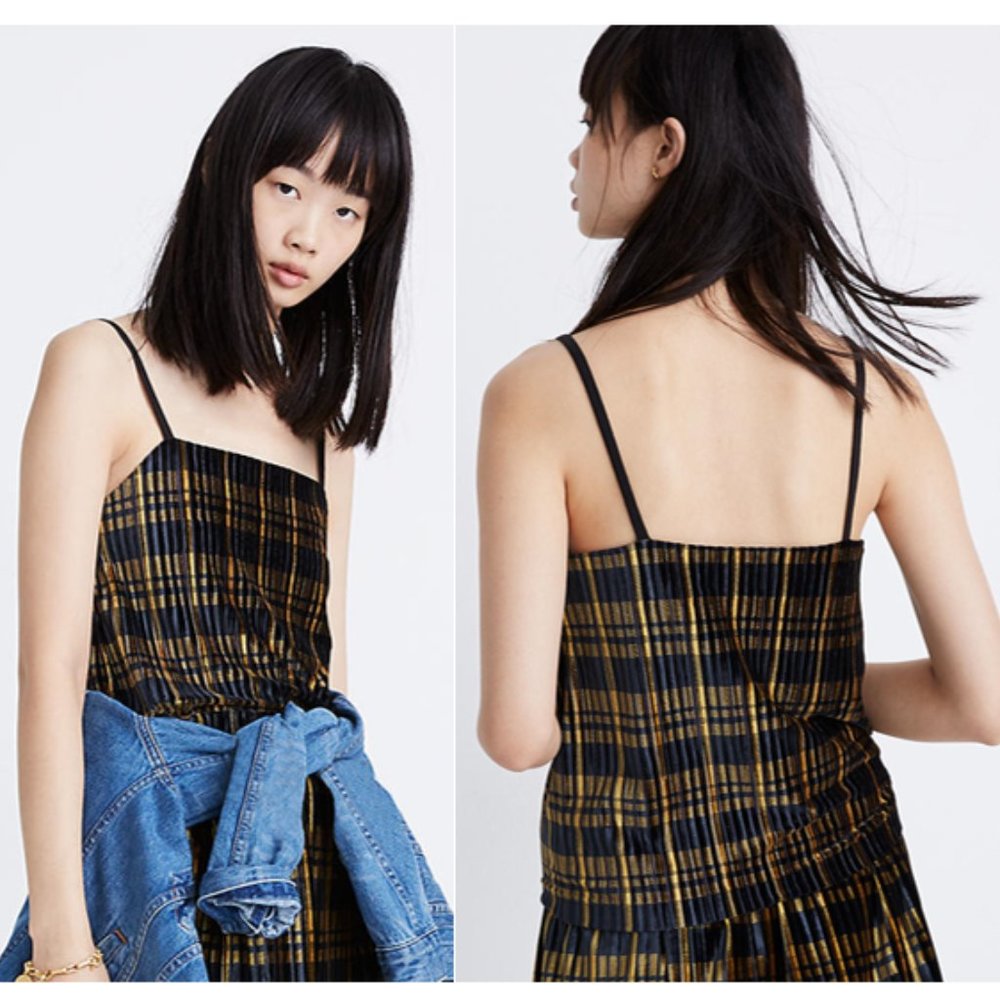 Madewell Pleated Velvet Cami Top in Plaid